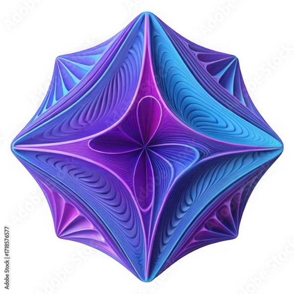 Fototapeta Abstract geometric sculpture with flowing lines in purple and blue isolated on transparent background