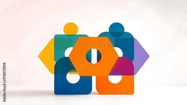 Fototapeta Abstract teamwork concept with interlocking geometric shapes on gradient.