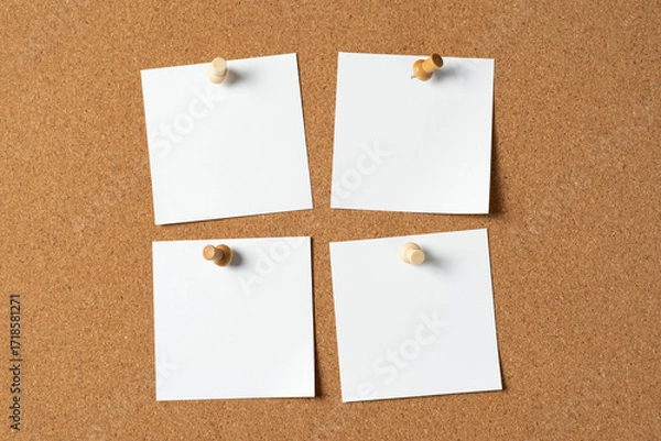 Fototapeta Four Notes Pinned on Cork Board with Wooden Push Pins