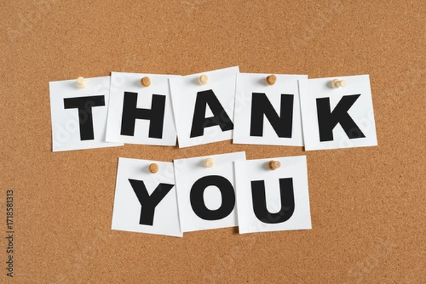 Fototapeta THANK YOU Notes on Cork Board with Wooden Push Pins