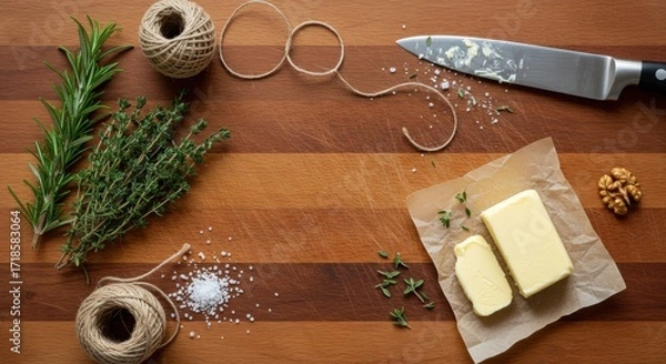 Fototapeta A rustic kitchen scene featuring a block of butter on a wooden cutting board, surrounded by fresh herbs, twine, and salt, evoking a cozy cooking atmosphere