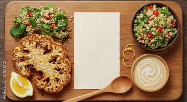 Fototapeta A beautifully arranged wooden table featuring a variety of healthy dishes including roasted cauliflower, quinoa salads, and a creamy sauce, with an empty space for notes or recipes