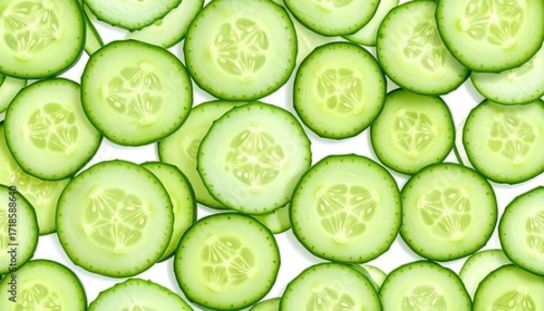 Fototapeta Freshly sliced cucumbers arranged on white background