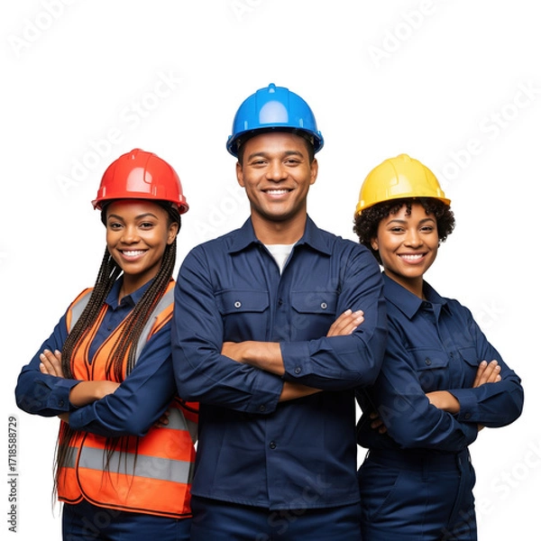 Fototapeta Diverse team of smiling construction workers in hard hats and safety gear