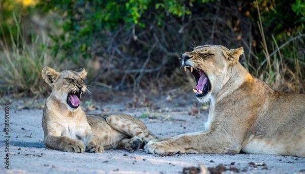 Fototapeta Lioness and cub resting in the savanna