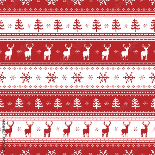 Fototapeta Christmas Sweater Pattern with Deer, Fir Trees, Snowflakes. Seamless Striped Print. Christmas Background with Winter Elements. Merry Christmas, Happy New Year Design. Vector illustration in Red, White