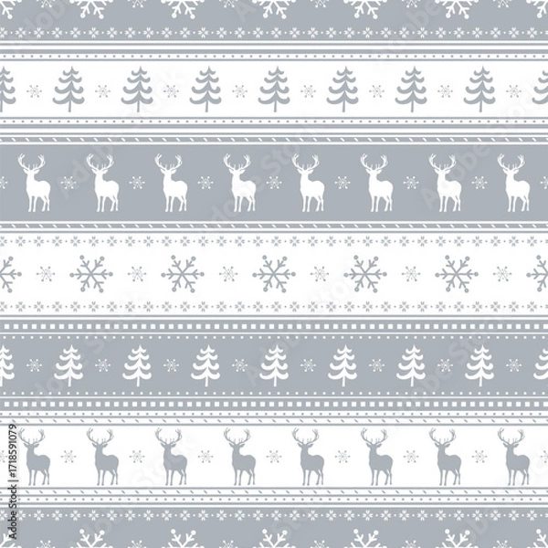 Fototapeta Christmas Sweater Pattern with Deer, Fir Trees, Snowflake. Seamless Striped Print. Christmas Background with Winter Elements. Merry Christmas, Happy New Year Design. Vector illustration in Gray, White