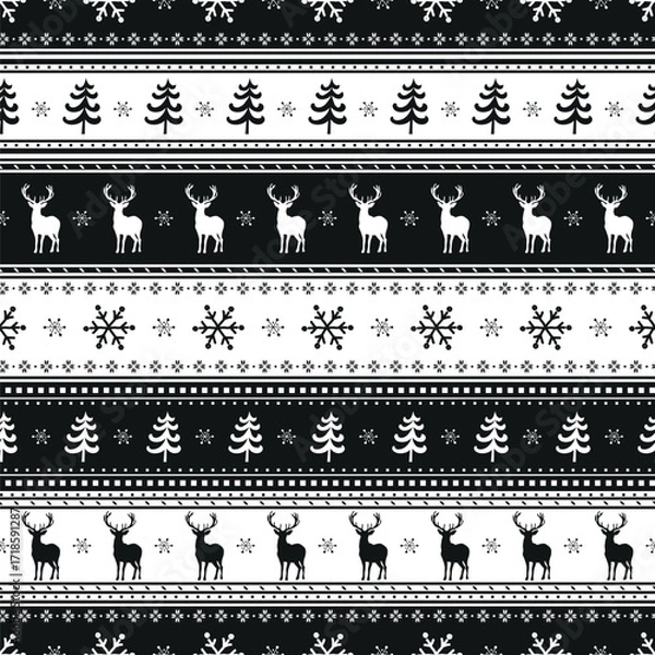 Fototapeta Christmas Sweater Pattern with Deer, Fir Trees, Snowflake. Seamless Striped Print. Christmas Background Winter Elements. Merry Christmas, Happy New Year Design. Vector illustration in Black, White
