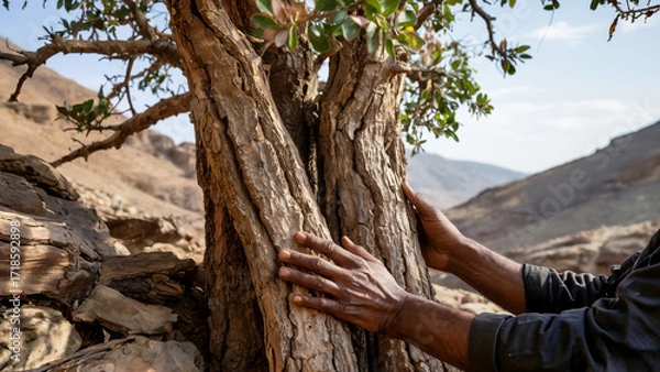 Fototapeta Boswellia tree with textured bark and hands gently touching, showcasing nature's beauty and essence