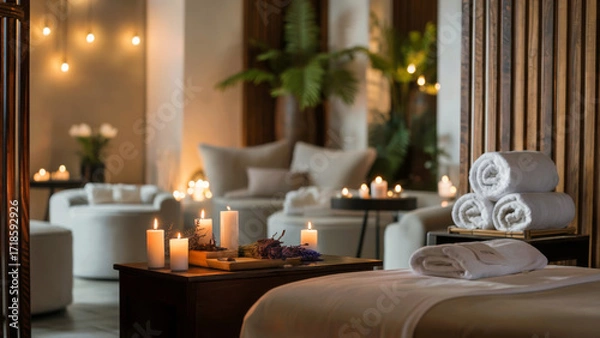 Fototapeta Serene spa interior with candles, towels, and comfortable seating for relaxation and wellness