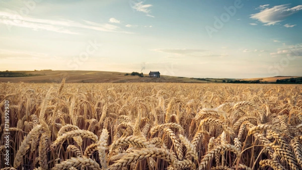 Fototapeta Golden wheat field under a clear sky with distant farmhouse and rolling hills in the background