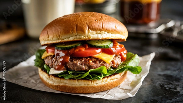 Fototapeta Delicious hamburger with fresh vegetables, cheese, and condiments on a rustic wooden table