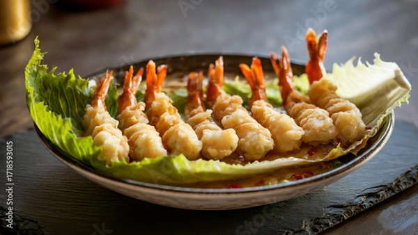 Fototapeta Crispy fried shrimp arranged on a plate with fresh lettuce and dipping sauce for culinary delight
