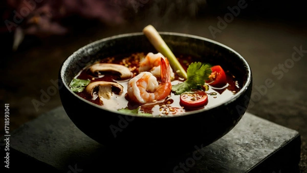 Fototapeta Bowl of spicy shrimp soup with fresh herbs and vegetables in a dark, rustic setting