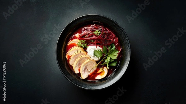 Fototapeta Beetroot soup with chicken and sour cream in a black Asian bowl with fresh herbs and noodles