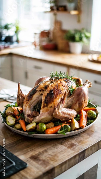 Fototapeta Roasted turkey garnished with herbs and surrounded by colorful vegetables on a serving platter