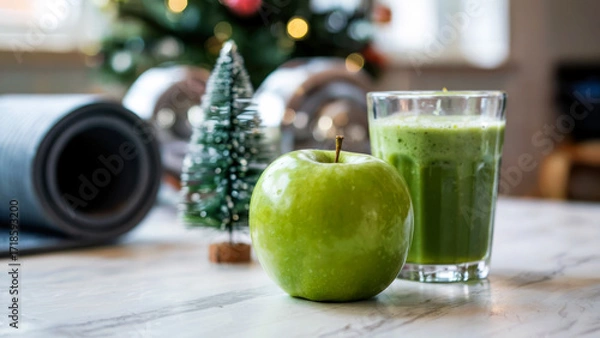 Fototapeta Fresh green apple beside a glass of green smoothie on a marble table with festive decorations