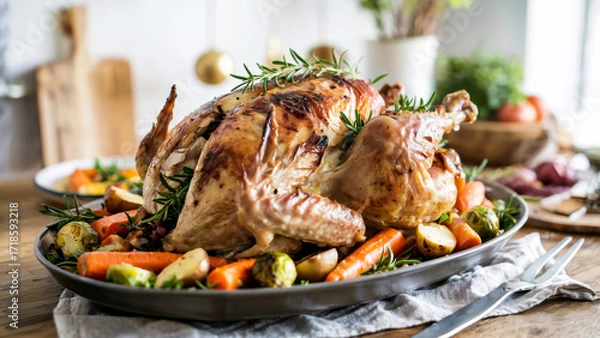 Fototapeta Roasted turkey garnished with herbs and surrounded by colorful vegetables on a serving platter