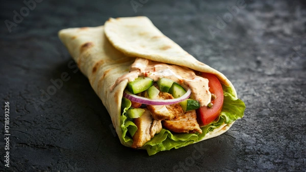 Fototapeta Delicious wrap filled with grilled chicken, fresh vegetables, and creamy sauce on a dark surface