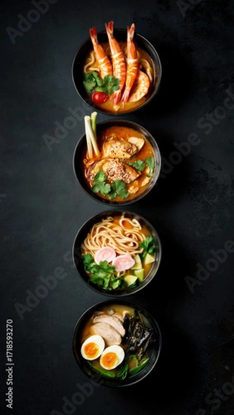Fototapeta Four bowls of delicious ramen with various toppings arranged on a dark background for culinary presentation