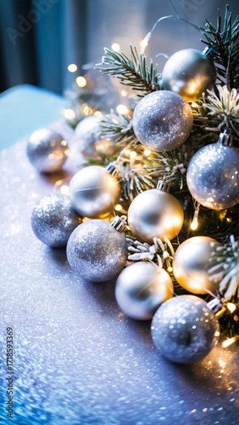 Fototapeta Silver sparkling Christmas baubles with snowy pine and glowing garland on soft blue glitter background, empty copy space, concept of greeting
