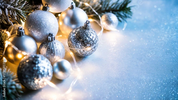 Fototapeta Silver sparkling Christmas baubles with snowy pine and glowing garland on soft blue glitter background, empty copy space, concept of greeting