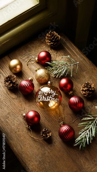 Fototapeta Gold and red Christmas baubles with pine cones and needles on wooden background, empty copy space, concept of greeting