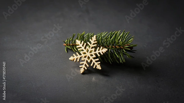 Fototapeta Stylish gold snowflake with green pine on dark background, empty copy space, concept of modern card