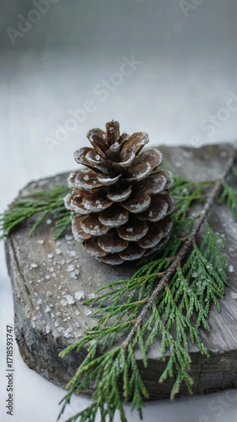 Fototapeta Brown pine cone with fresh snow on rough stone slab. Frost and ice droplets highlight texture, soft natural light, calm winter scene, concept of Christmas decor