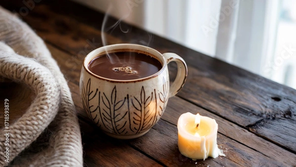 Fototapeta Steaming dark coffee in cream ceramic mug on rustic wooden table. Beige knitted blanket and lit white candle add cozy mood, soft natural light, calm negative space, concept of home comfort