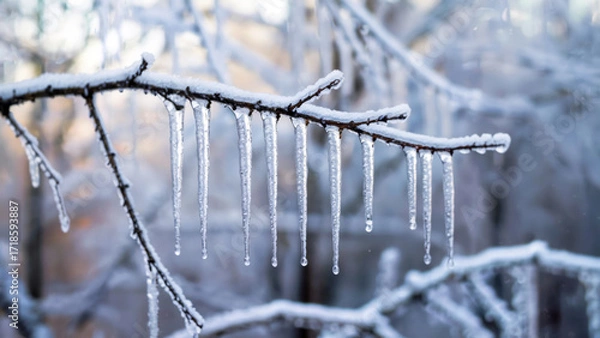 Fototapeta Delicate icicles on frosted windowpane, clear tapered ice, water droplets, snow-dusted birch branch, soft natural light, winter calm, concept of winter