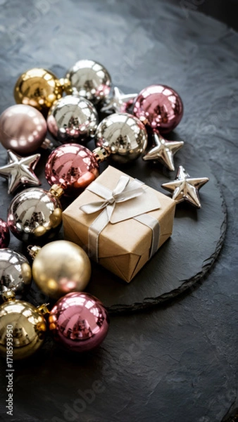 Fototapeta Pink and gold Christmas baubles with gift box on black background, space for text, concept of greeting card