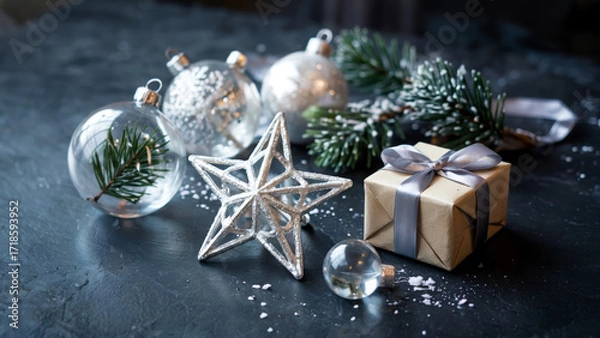 Fototapeta Golden and glass Christmas ornaments with gift box on dark background, left space for text, concept of greeting card
