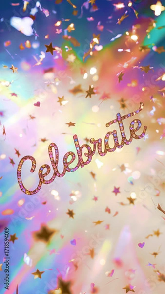 Fototapeta Shimmering gold and silver confetti cascade, warm fairy lights, soft bokeh, colorful background, happy event, radiant atmosphere, concept of celebration