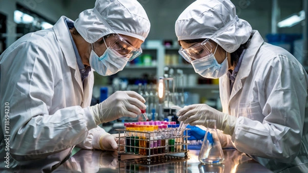 Fototapeta Medical experts in hazmat suits studying samples in a high-tech lab, concept of infectious disease control