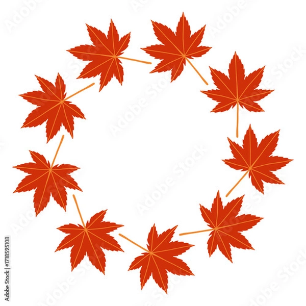 Fototapeta Autumn leaves circle frame. Round border made of fall leaves. The leaves are arranged in a circle. Vector flat isolated on white background.