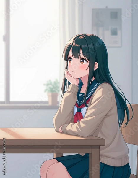 Fototapeta 物思いにふける高校生・全体像