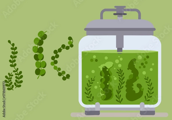 Fototapeta A stylized illustration depicts a bioreactor cultivating algae, showcasing sustainable technology. Clean lines and a modern aesthetic highlight eco-friendly innovation.