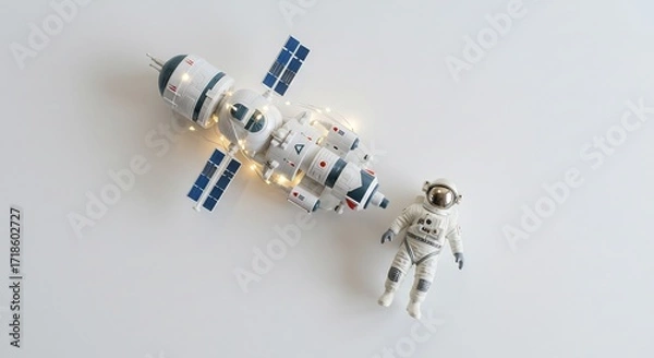 Fototapeta 宇宙船と宇宙飛行士、柔らかな光で輝くミニチュア模型 This translates roughly to: "Spaceship and astronaut, miniature model shining with soft light". It is under the 120 character limit.. AI Generated
