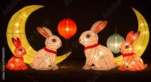 Fototapeta 幻想的な月の光灯る、可愛いウサギ提灯群。温かい光が優しく照らす秋の夜。. AI Generated