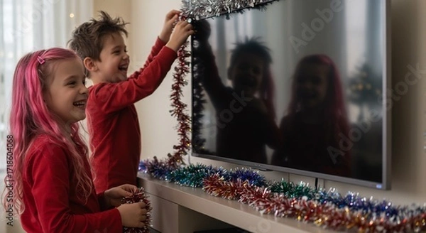 Fototapeta 子供たち笑顔でテレビ飾り付け キラキラ光る飾り付け 幸せなクリスマス準備. AI Generated