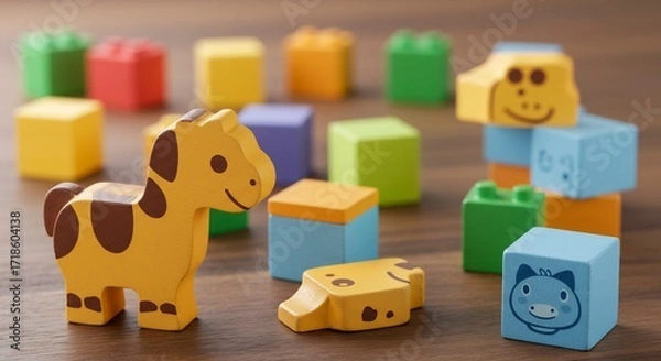 Fototapeta 木製動物ブロック カラフル 積み木遊び 優しい光で輝く. AI Generated