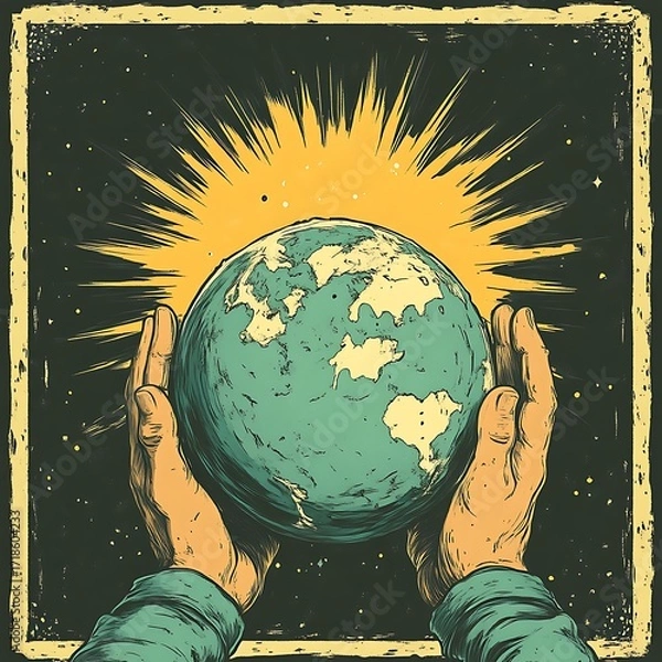 Obraz Earth held in hands, celestial rays