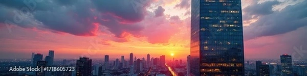 Fototapeta Glass Skyscraper Reflecting City Lights at Sunset Modern Corporate Architecture