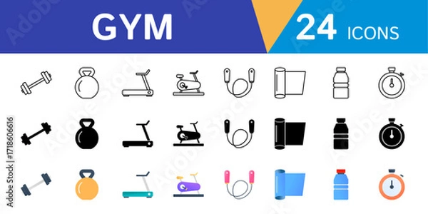 Fototapeta Collection of gym icons such as Dumbbell, Treadmill, Jump Rope, Stopwatch and more.