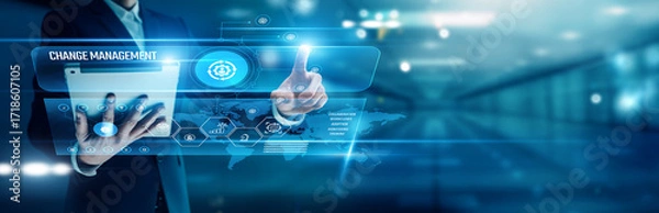 Fototapeta Businessman analyzing global networks organizational change, leadership alignment, employee engagement, transformation strategies, process adaptation, workflow restructuring, performance improvement.