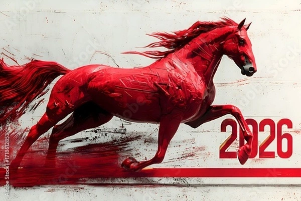 Fototapeta 2026 new year red horse artwork in dynamic paint splash motion, abstract modern design for wall art, poster, digital print and decoration. 