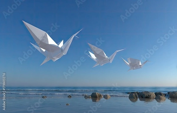 Fototapeta Three origami cranes soar over a tranquil beach