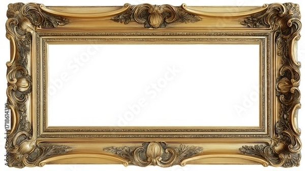 Fototapeta Ornate Gold Picture Frame with Intricate Details and a White Background for Easy Image Integration