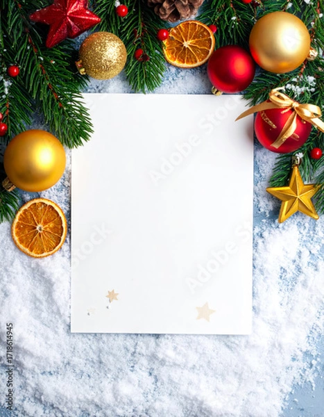 Fototapeta christmas with blank paper and decoration on snow design background